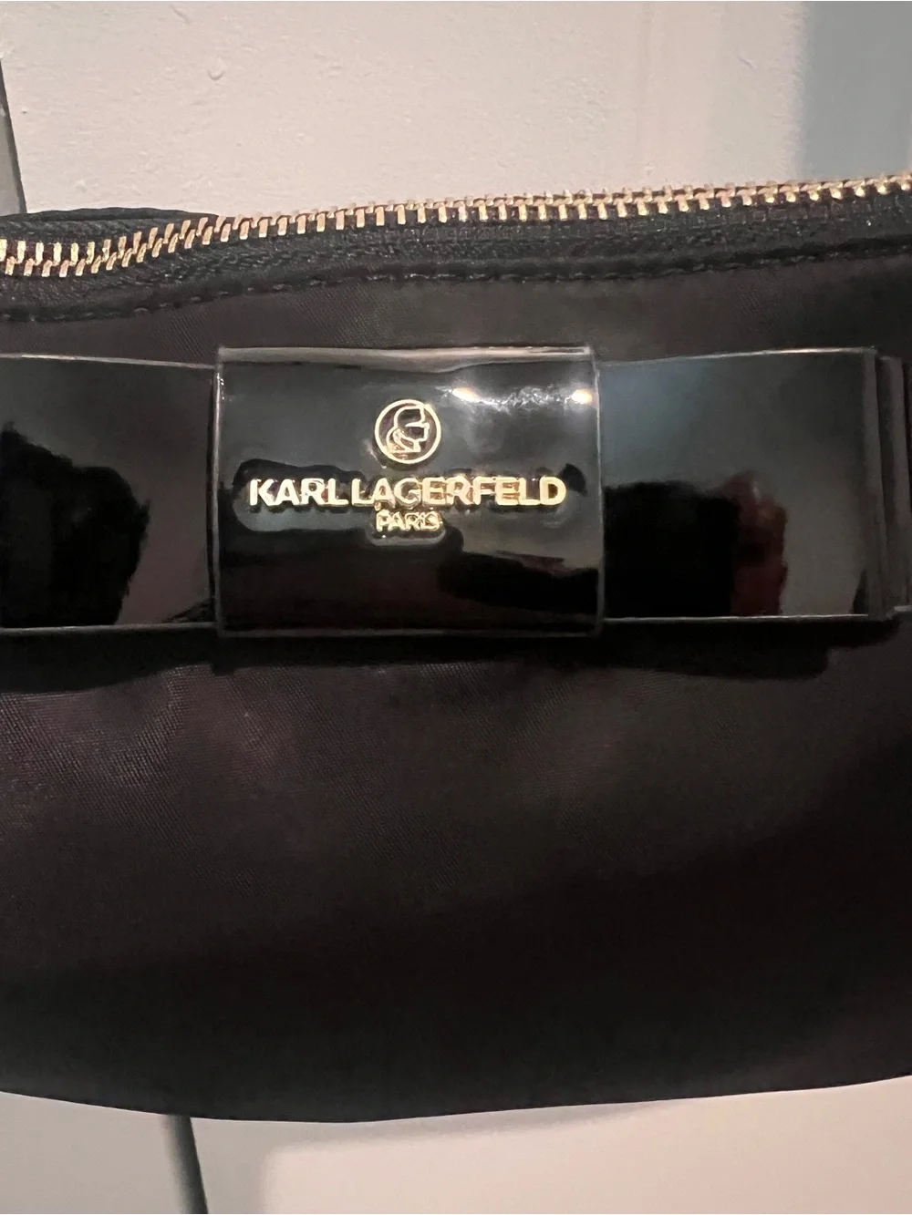 Karl Lagerfeld Black Nylon Crossbody with Patent Bow Accent